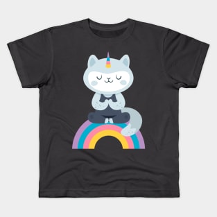 Cat unicorn , yoga kitty on the rainbow Kids T-Shirt